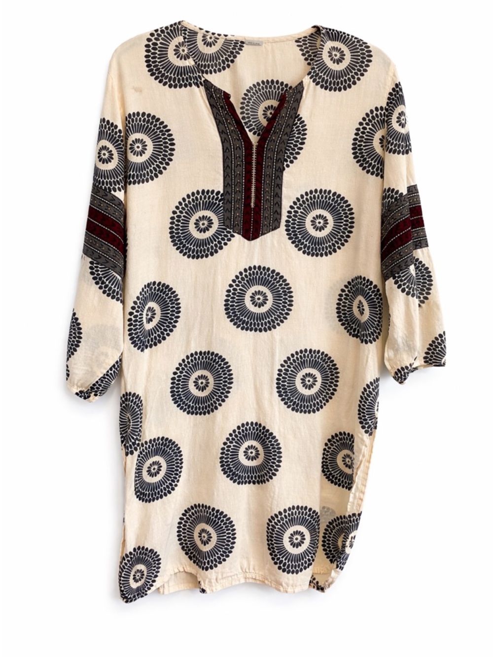 Boho Printed Tunic Top Cream Black Medallion Pattern Embroidered Detail XL